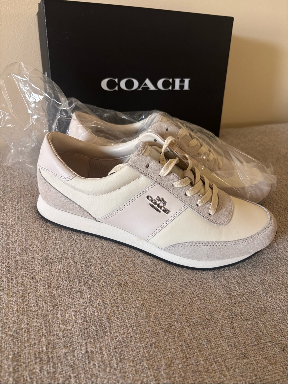 Coach Women's Cream and Taupe Leather Suede Sneakers